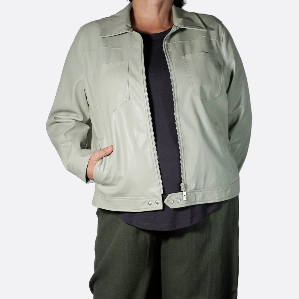 Belle by Kim Gravel Faux Leather Jacket Sage Green Plus Size 1X XL Quiet Luxury